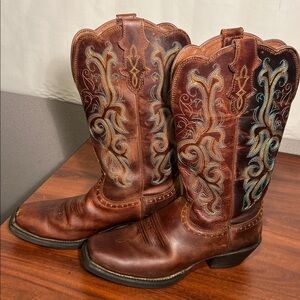 Justin Boots Brown Leather Western Cowgirl Boots with Blue Embroidery